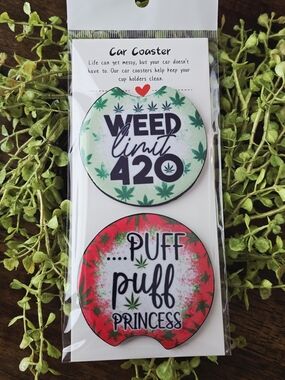 Limit 420 & Puff Puff Princess Car Coasters - Green & Pink
